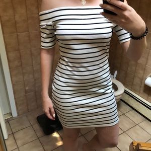 Off the shoulder striped cocktail dress